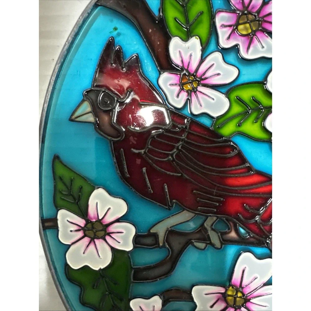 Red Cardinal Bird & White Flowers Small Oval Stained Glass Suncatcher 7.5x5.5